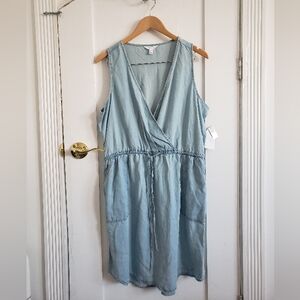 Time and Tru Lyocell Womens V Neck Sleeveless Dress With Drawstring - Blue